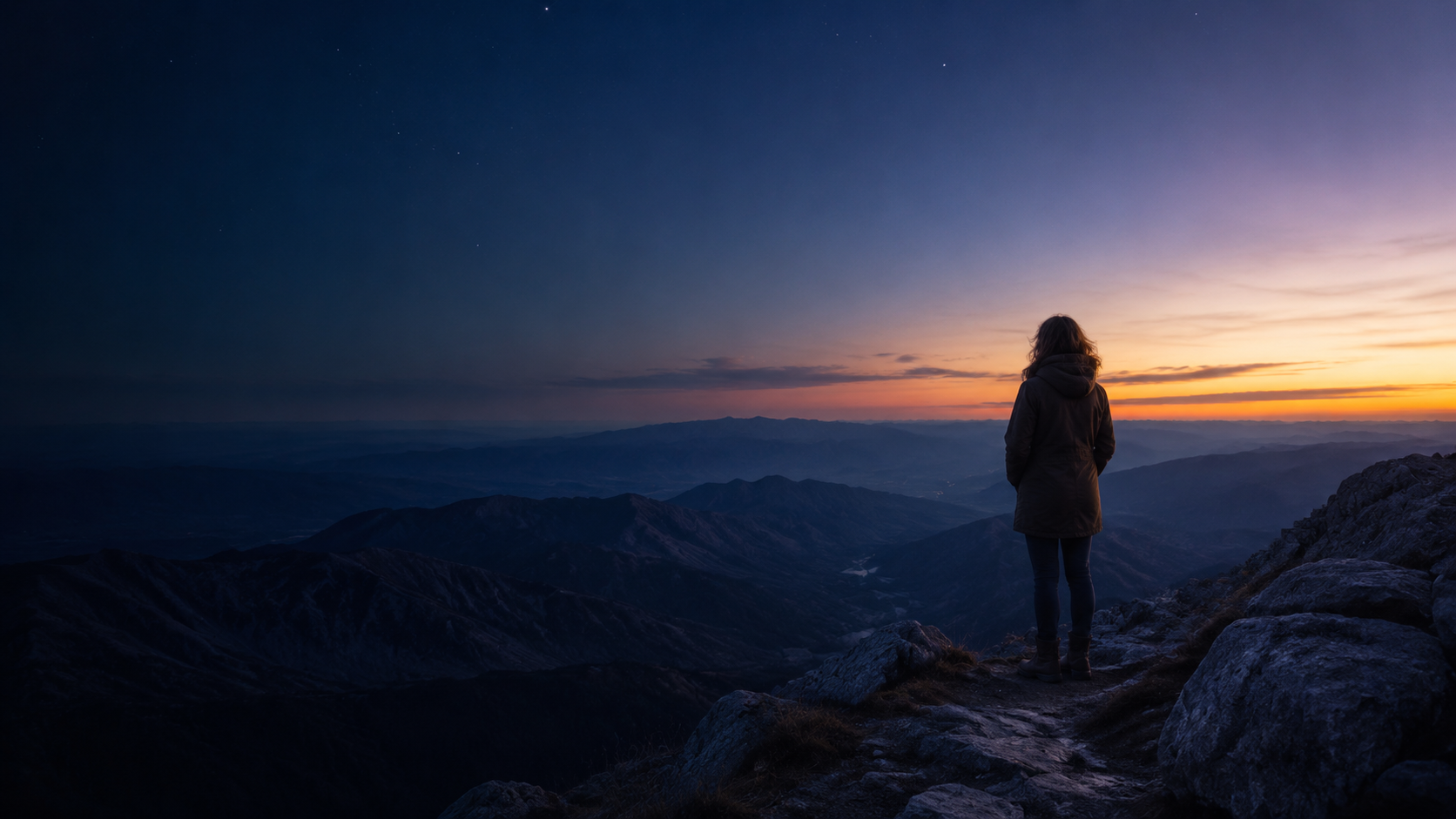 A contemplative figure looking across mountains beneath an indigo dawn sky