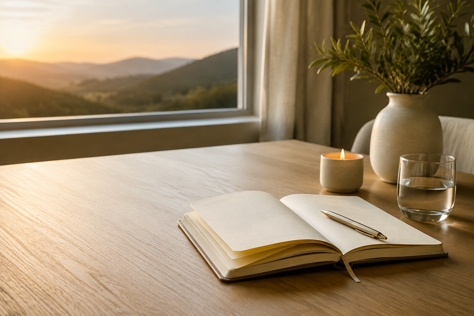 A blank journal, pen, candle and glass of water on a light oak table at sunrise